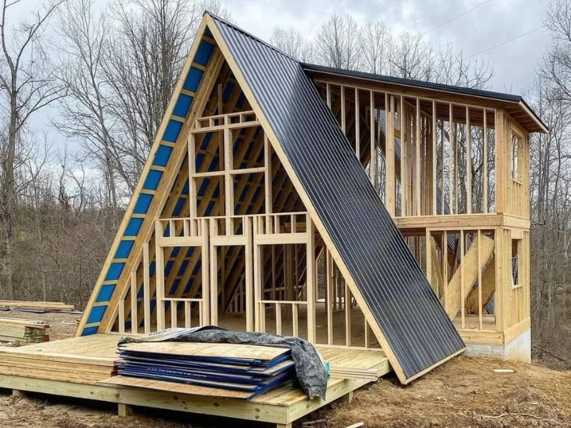 Estructura de cabaña rústica en construcción