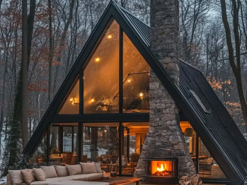 Cabaña de vidrio en el bosque con chimenea