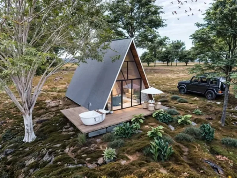 Cabaña moderna estilo suizo con deck